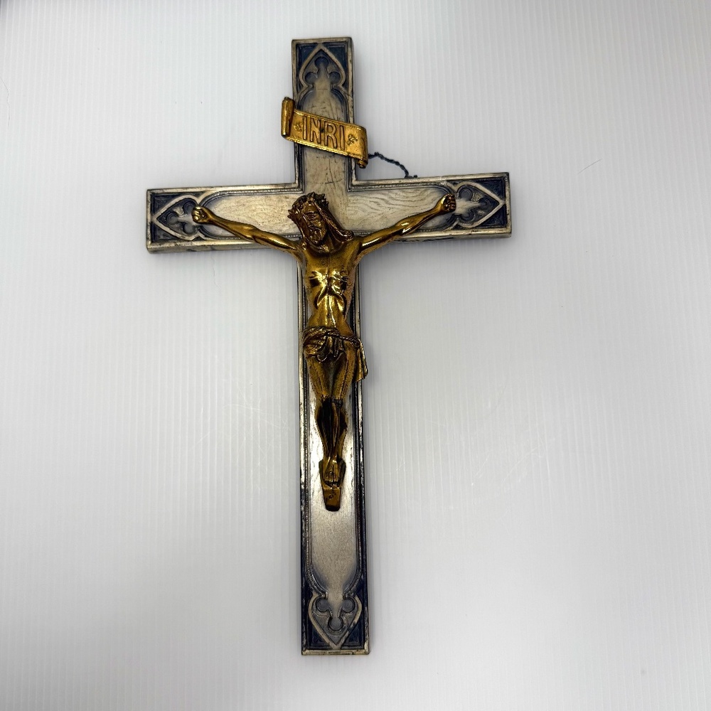 JESUS CHRIST Brass and Silver Plated‎ Holy Cross INRI WALL CRUCIFIX Antique